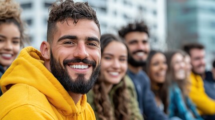 Obraz premium A group of smiling friends enjoying time outdoors, showcasing happiness and connection.