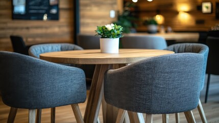 Cozy Cafe Interior With Wooden Table And Grey Chairs, A Small Plant Adds A Touch Of Nature.
