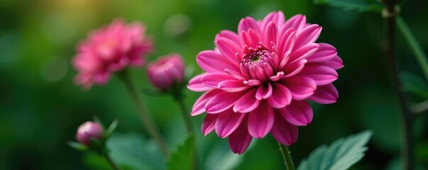 Dark pink chrysanthemum against a lush green background, pink flowers, blooms, flowers