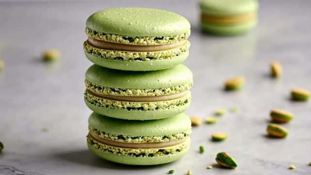 Gourmet Green Macarons Sweet Almond Dessert Pastry with Creamy Filling and Pistachio Bits, Perfect for Confectionery Lovers and Special Occasions.