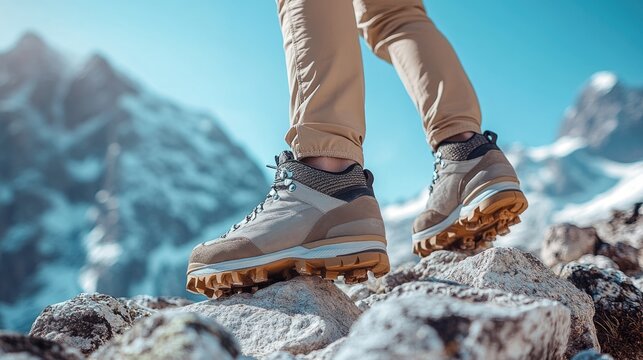 Caucasian adult hiking man climbing mountain rocks in outdoor boots
