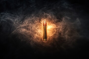 Bullet casing in smoky background. Illustrates danger, power, or violence, ideal for warning or crime scene imagery.