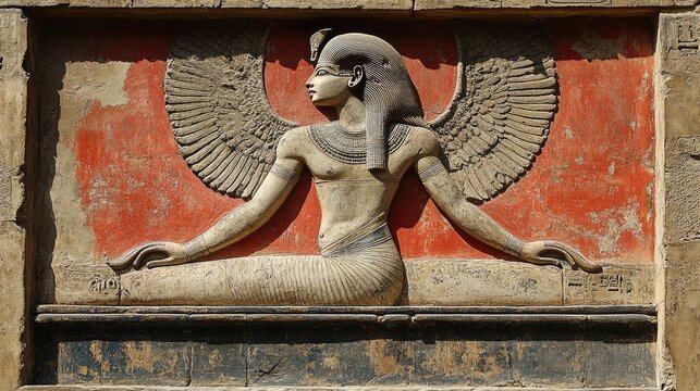 Ancient Egyptian mural: divine figure, pharaoh imagery, sacred artwork, royal icon, historical depiction, religious art, cultural heritage, hieroglyphic style, symbolic representation, regal painting.