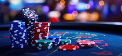 Obraz premium Casino roulette chips game night. Blurred background. Gambling concept