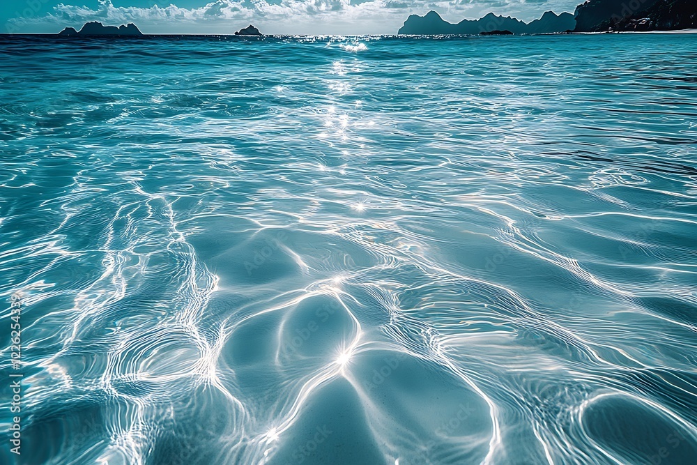 Poster Tranquil Azure Seashore with Sun Rays and Distant Islands : Generative AI