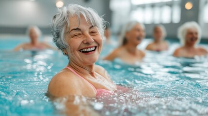 Fototapeta premium Elderly caucasian women enjoying laughter and friendship in swimming pool