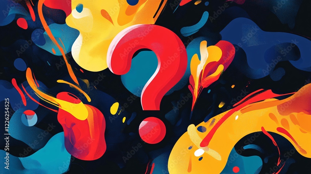 Poster illustration of a large red question mark amidst vibrant splashes on a dark background, conveying a 