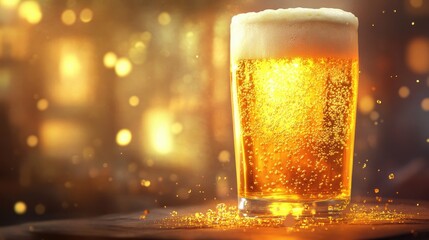 A glass of beer with a foamy head overflowing, bubbles sparkling and the golden color shining brightly.