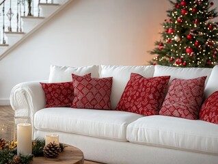 Cozy Scandinavian Living Room with Christmas Tree and Red Pillows