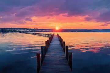 Fototapeta premium Sunset Over Wooden Pier in Serene Waters
