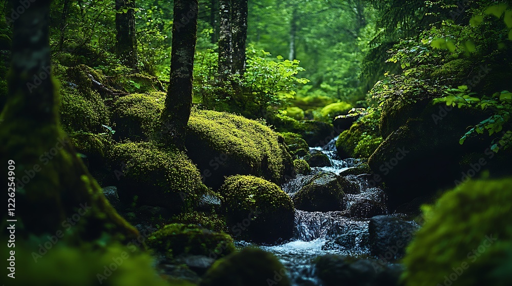 Poster forest brook with moss enveloped rocks encircled by tranquil woodland environment : generative ai