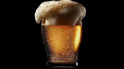 A glass of beer with a foamy head overflowing, bubbles sparkling and the golden color shining brightly.