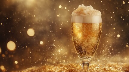 A glass of beer with a foamy head overflowing, bubbles sparkling and the golden color shining brightly.
