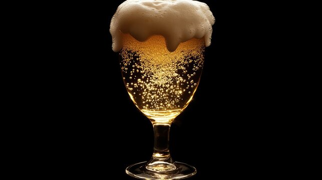 A glass of beer with a foamy head overflowing, bubbles sparkling and the golden color shining brightly.