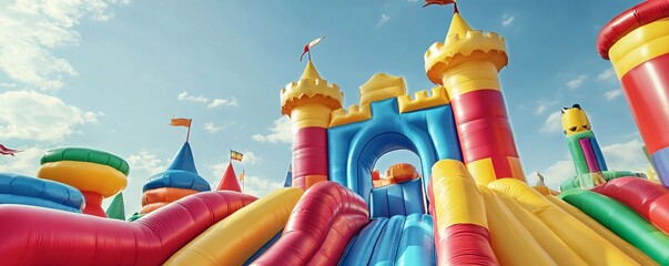 Bright and vibrant bouncy castle on the playground under the summer sun