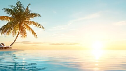 Fototapeta premium Serene Sunset Over Calm Waters with Palm Tree and Lounge Chairs