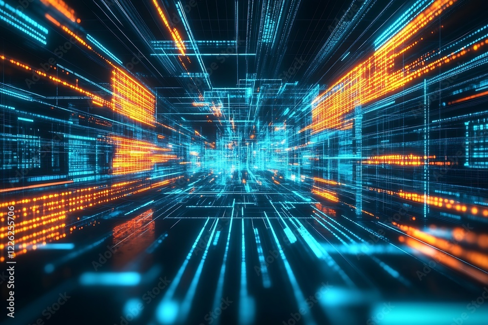 Leinwandbilder futuristic digital network with vibrant data streams in blue and orange light : generative ai