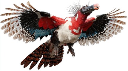 Colorful prehistoric bird in flight, isolated background, digital artwork, perfect for fantasy or educational use