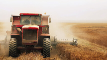 Naklejka premium Red Harvester Working in Wheat Field, Agriculture, Farming, Autumn Harvest. Copy Space for text