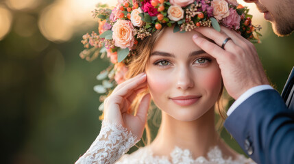 Obraz premium Cozy and intimate wedding ceremony concept. A beautiful bride adorned with a floral crown, gently touched by her partner, radiating love and joy in a romantic outdoor setting.