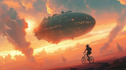 Bicycle Adventure at Sunset with Airship in the Sky