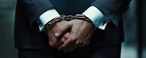 Man in a dark suit stands with his hands handcuffed in front of him