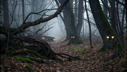 Fototapeta premium Glowing eyes and twisted branches on a spooky forest floor, cloudy night, eerie atmosphere
