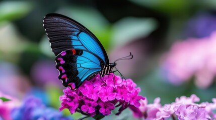 Obraz premium Blue butterfly on pink flowers in garden, nature background, for spring or nature themes