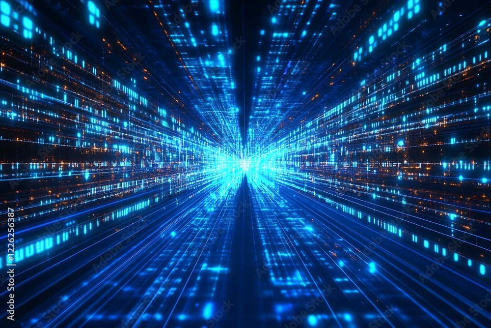 Poster Blue Luminous Cyber Highway with Fast-Moving Digital Data and Lights : Generative AI