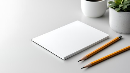 Blank notepad with pencils and coffee cup on a table.