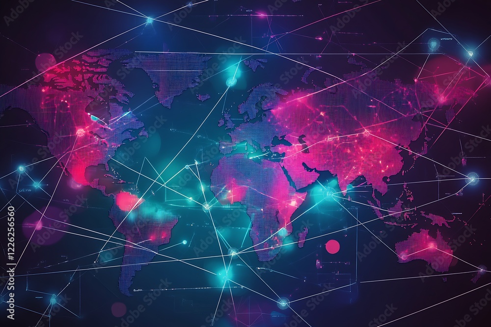 Aufkleber Digital World Map with Neon Connections Illustrating Global Connectivity and Networks : Generative AI