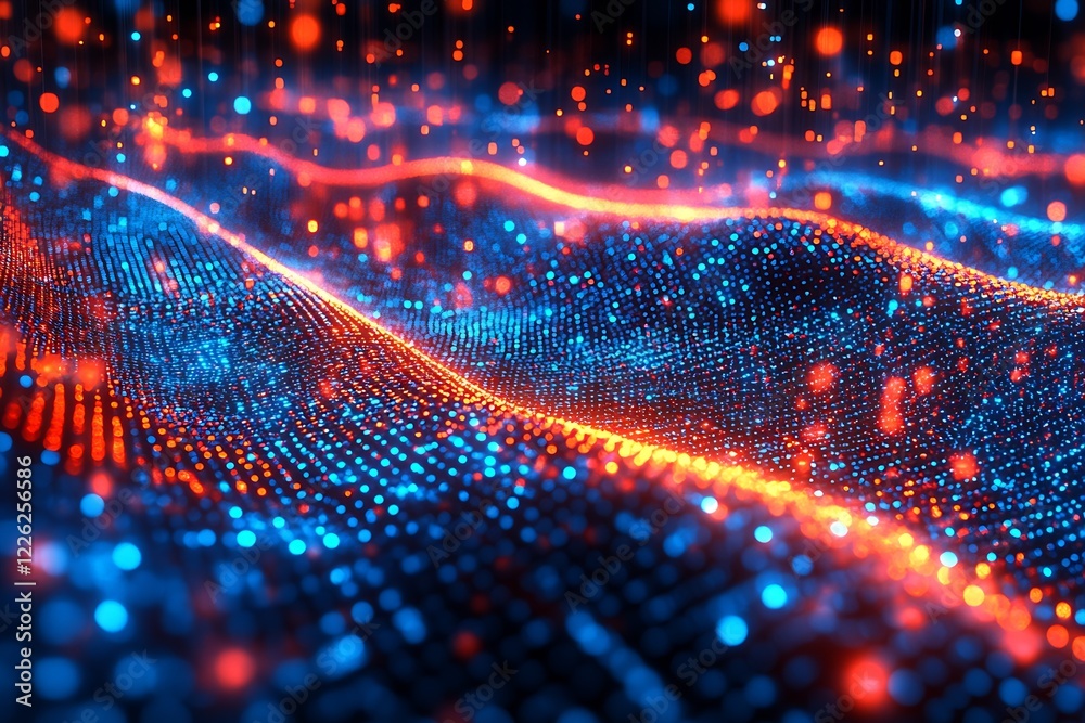 Poster Dynamic Neon Abstract Waveform in Blue and Red with Futuristic Glow : Generative AI