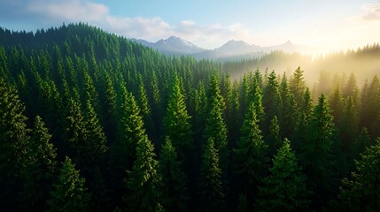 Serene Forest Landscape at Sunrise with Mountain Background