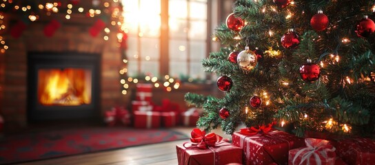 Traditional Christmas Tree with Red and Silver Decorations Bright Lights and Wrapped Presents