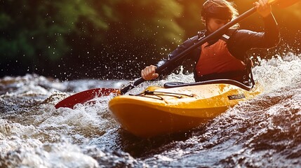 Fototapeta premium Energetic Young Man Kayaking Along a Wild River Path : Generative AI
