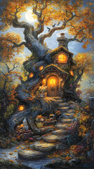 Obraz premium Autumnal tree house, moonlit forest, fantasy art, book cover