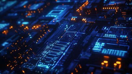 Exploring Futuristic Circuits: Digital Interfaces & Glowing Nodes in Abstract Tech Landscape