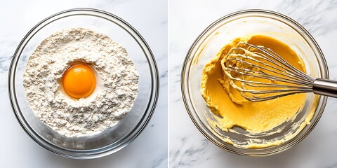 Mixing Ingredients for Baking with Flour Egg and Whisk in Glass Bowls on Marble Surface : Generative AI