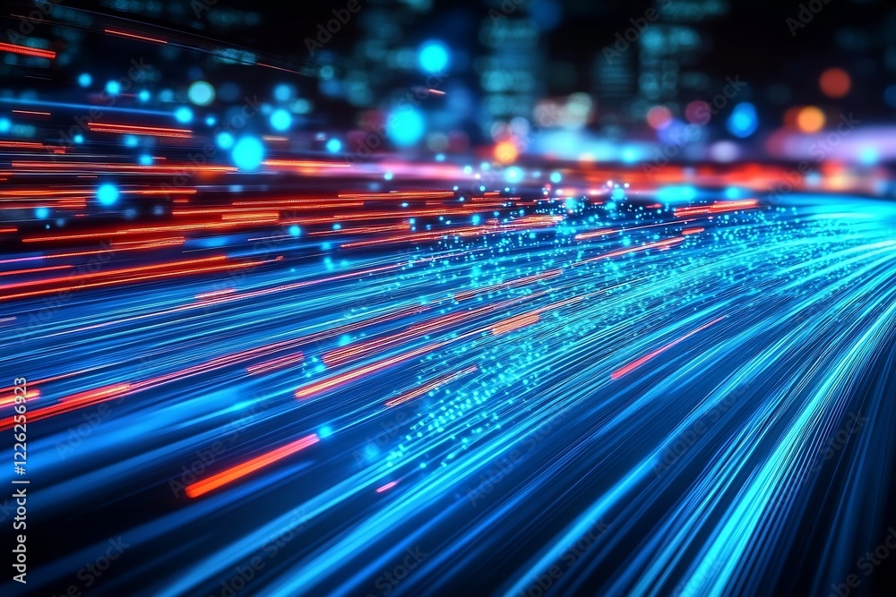 Poster High-Speed Data and Technology Concept with Colorful Light Streaks in a Cityscape : Generative AI