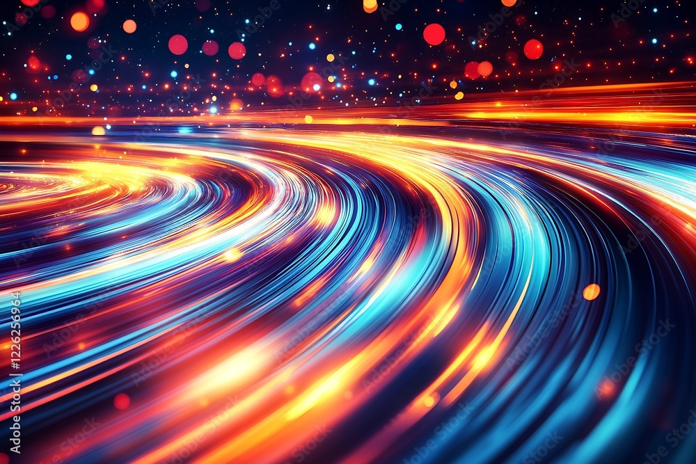 Poster dynamic luminous stream of radiant orange and blue neon lights in a futuristic swirl : generative ai