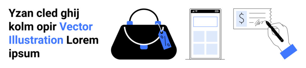 Black handbag with price tag, smartphone displaying e-commerce app, and hand signing payment check. Ideal for online shopping, e-commerce, payment processing, finance, retail, digital transactions