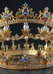 Fototapeta premium Golden crown adorned with precious gems and pearls, luxury, golden crown
