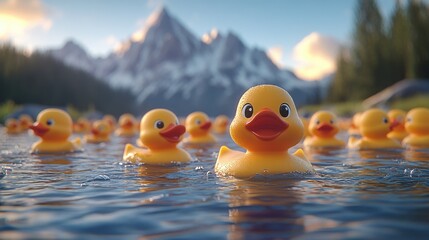 Vibrant yellow rubber ducks in mountain lake
