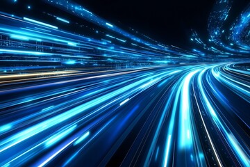 Futuristic Light Trails on Modern Urban Expressway at Night : Generative AI