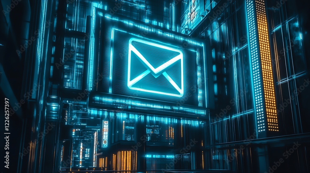Poster Glowing Digital Mail Icon in Cyberpunk Urban Network Environment : Generative AI