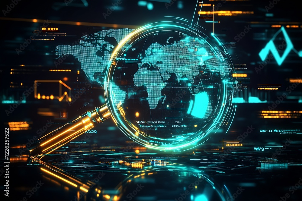 Poster futuristic global technology network concept with magnifying glass : generative ai