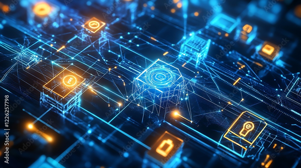 Aufkleber Advanced Blockchain Network with Glowing Design and Data Nodes : Generative AI