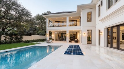 Fototapeta premium Modern luxury villa features a swimming pool and solar panels on the patio during a bright day.