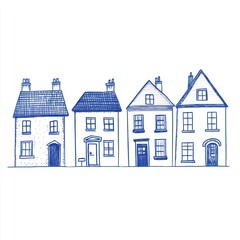 Blue Line Drawing Of Four Charming Houses In A Row