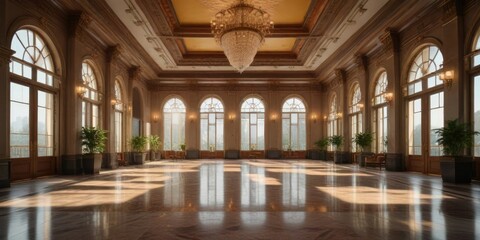 Obraz premium Grand hotel lobby with high ceilings and large windows, ornate chandeliers, spacious interior